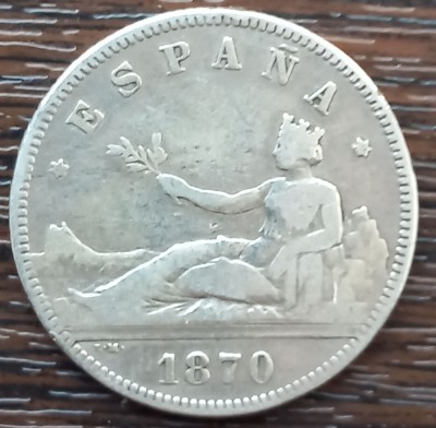 (A556) MONEDA DIN ARGINT SPANIA - 2 PESETAS 1870 DEM, 10 GRAME, PURITATE 835 foto