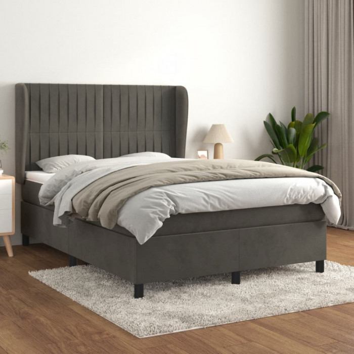 vidaXL Pat box spring cu saltea, gri &icirc;nchis, 140x200 cm, catifea