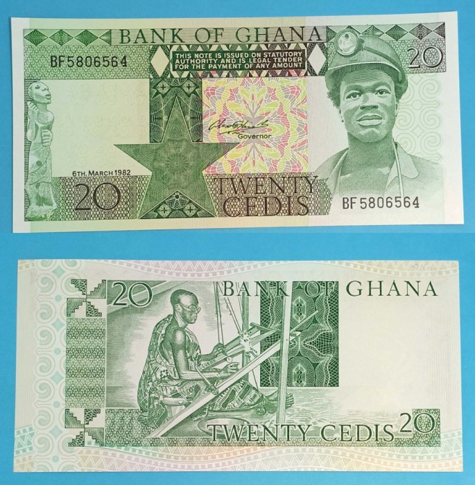 Ghana 20 Cedis 1982 &#039;Miner&#039; UNC serie: BF5806564 p#21
