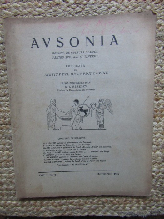 AVSONIA , REVISTA DE CULTURA CLASICA PENTRU SCOLARI SI TINERET , PUBLICATA DE INSTITUTUL DE STUDII LATINE , ANUL I , NR. 2 ,SEPTEMBRIE, 1939
