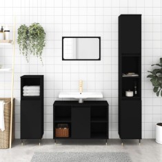 Set mobilier de baie, 3 piese, negru, lemn compozit foto