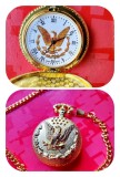 H443-Ceas buzunar barbat vintage stema USA Japan Mont cu Vultur si litere romane quartz functional metal auriu gravat stare foarte buna frumos cadou.