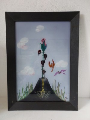 Tablou pictura pe sticla, floare, vulcan, pasari, suprarealist / simbolist, alegorie a vietii, renasterii, evolutiei, semnat C18, in rama de lemn foto