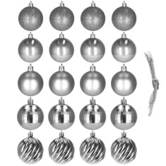 Set 20 globuri de Craciun, 6 cm, 5 modele, gri