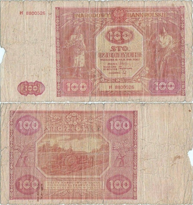 1946 ( 15 V ) , 100 złotych ( P-129a ) - Polonia