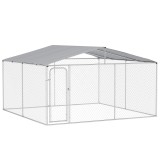 PawHut Țarc pentru C&acirc;ini Talie Medie, Metal Galvanizat, Acoperiș Oxford, Ușă cu Zăvor, 400x230x232 cm, Argintiu | Aosom Romania