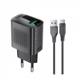 Acumulator gan pentru priza, usb, gan, qc18w cu cablu type-c - black, Acefast