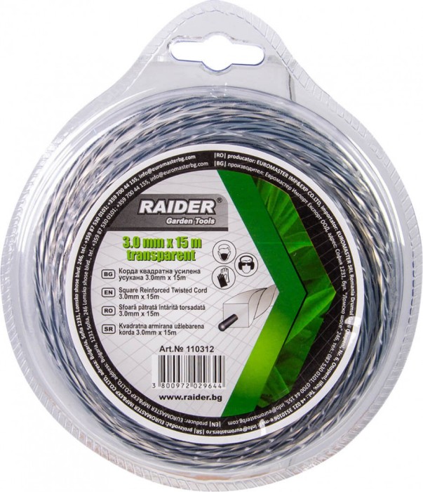 Fir patrat rasucit pentru motocoase, 3 mm x 15 m, transparent, Riader Garden Tools 110312