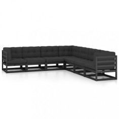 vidaXL Set mobilier grădină cu perne, 7 piese, negru, lemn masiv pin 3076878