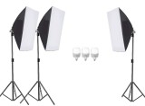 Cumpara ieftin Kit de 3 softboxuri, 3 trepiezi reglabili 200 cm, 3 becuri LED 25W