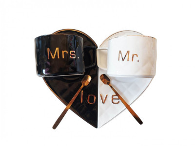 Set 2 cesti de cafea cu suport in forma de inima, Love, Mr, Mrs, Negru/Alb, 107MK foto