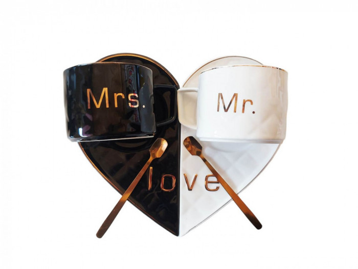 Set 2 cesti de cafea cu suport in forma de inima, Love, Mr, Mrs, Negru/Alb, 107MK