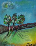 Pictură originală ulei pe p&acirc;nză &bdquo;Trei copaci pe deal sub cerul albastru&rdquo; 17x17 cm, pe șasiu. Certificat cu semnătura și ștampila artistului