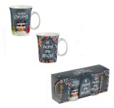 Set 2 Cani de Craciun din Ceramica EMC ONSHOP&reg;, Festive, Gri cu Model Mos Craciun si Om de Turta Dulce, 310 ml