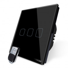 Intrerupator triplu wireless RF touch cu telecomanda Cnskou, panou tactil de sticla cristal, negru foto