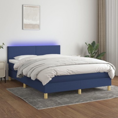 vidaXL Pat cu arcuri, saltea și LED, albastru, 140x190 cm, textil foto