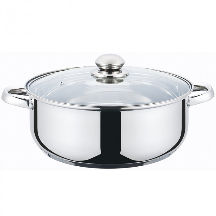 Cratita din inox Grunberg, compatibila cu plita cu inductie, capac din sticla, 28 cm, 5.5 l