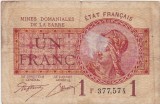 SAAR 1 Franc MINES DOMANIALES DE LA SARRE FRANCE 1919 aF