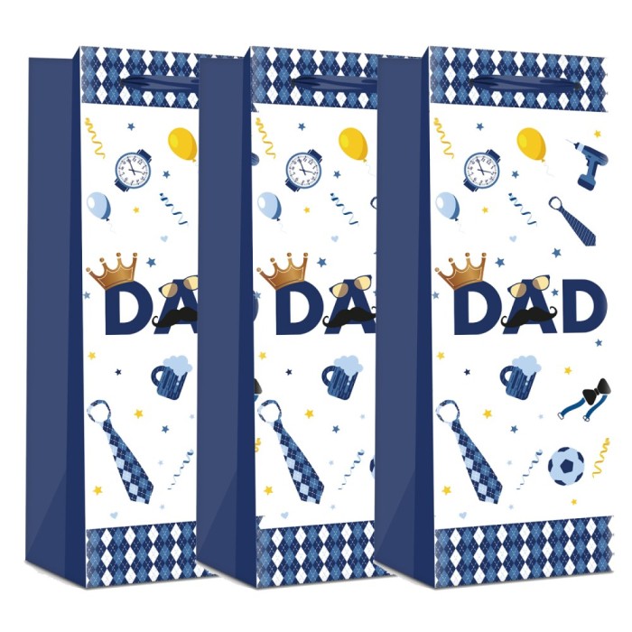 Pachet 3 pungi cadou pentru sticle bauturi, Blue Dad - hartie rezistenta (36 x 12.7 x 8.3 cm)