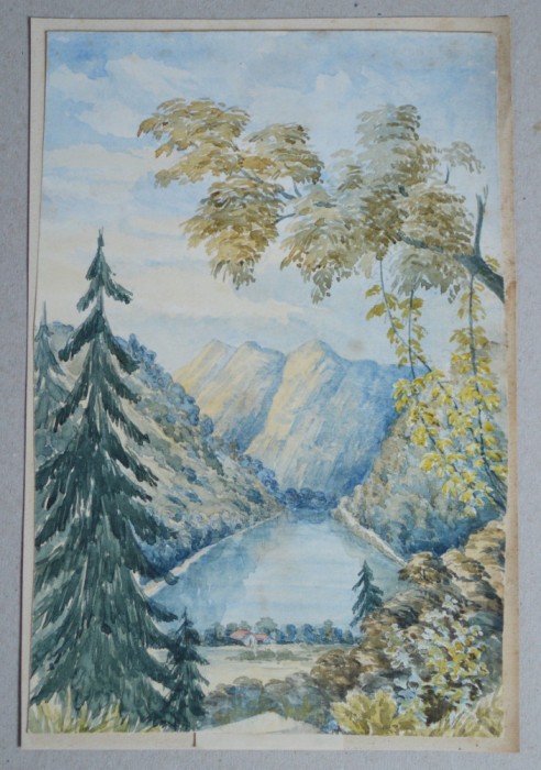 Peisaj cu lac acuarela