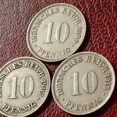 Lot 3 monede Germania: 10 pfennig 1900 + 1907 + 1915, litera D (toate)