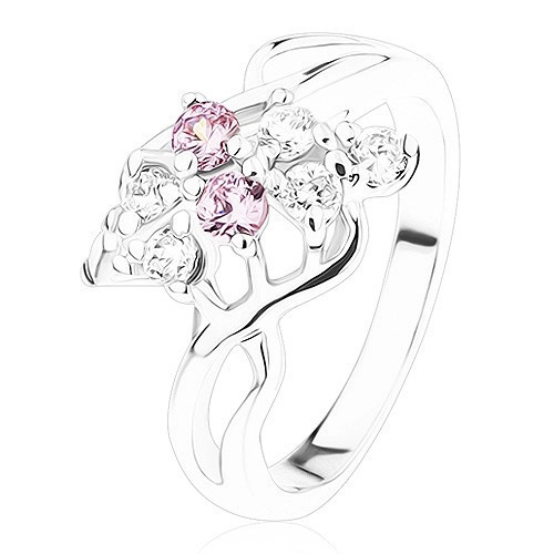 Inel lucios, culoare argintie, fundă din zirconii roz şi transparente - Marime inel: 50