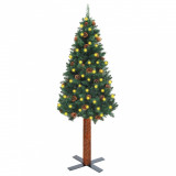 Pom Crăciun subțire, LED-uri&amp;lemn natural&amp;conuri, verde, 150 cm