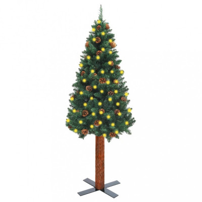 Pom Crăciun subțire, LED-uri&amp;amp;lemn natural&amp;amp;conuri, verde, 150 cm foto