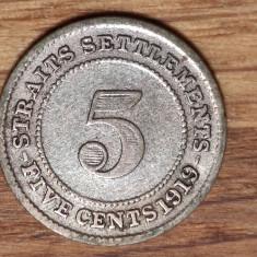 Straits Settlements - moneda de colectie argint - 5 cents 1919 - George V