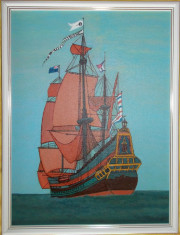 Tablou &amp;quot;Corabie pe mare &amp;quot; 42x32 cm, in culori acrilice, rama lemn foto