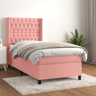 vidaXL Pat box spring cu saltea, roz, 90x190 cm, catifea 3132836 foto