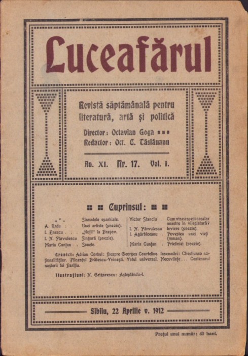 Z531N Luceafărul, 22 aprilie stil vechi 1912, Sibiu, redactor Octavian Tăslăuanu