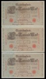 GERMANIA 3 X 1000 / 1.000 MARCI / MARK 1910 - Serii Consecutive [8] P - 44b ,Serie Rosie , Sufix J , 7 cifre Litera Q , a UNC / UNC necirculate