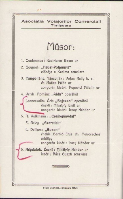 A2065 Programul conferinței lui Kastriener Samu (Samuel) Asociația Voiajorilor Comerciali Timișoara, urmată de program artistic, anii 1930