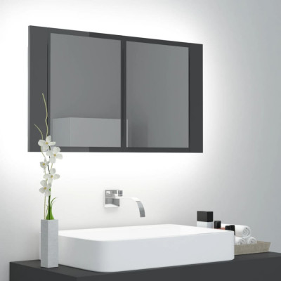 Dulap de baie cu oglindă și LED, gri extralucios 80x12x45 acril foto