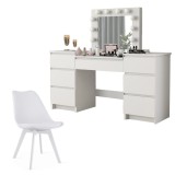Set masa de toaleta/machiaj Antonia + scaun Mark, alb, cu oglinda si LED-uri, 155x42x135 cm, Artool
