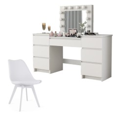 Set masa de toaleta/machiaj Antonia + scaun Mark, alb, cu oglinda si LED-uri, 155x42x135 cm