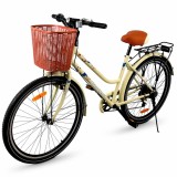 Bicicleta dama, 26 inch, 7 viteze, cos cumparaturi, portbagaj, V-brake, crem