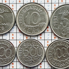 Set 6 monede Brazilia 5, 10, 50, 100, 500, 1000 cruzeiros 1992 - 1993 UNC - A028