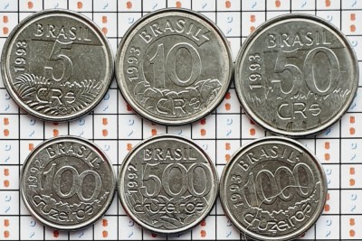 Set 6 monede Brazilia 5, 10, 50, 100, 500, 1000 cruzeiros 1992 - 1993 UNC - A028 foto