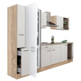 Mobilier de bucătărie Yorki 300, cu corp din stejar Sonoma și fațade albe cu finisaj satinat, cu frigider cu congelator &icirc;n partea de jos, fără blat de