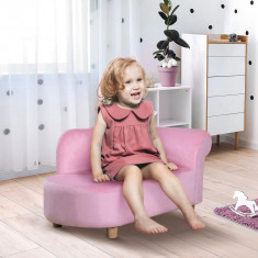 Canapea Căptușită pentru copii HOMCOM, fotoliu pentru copii cu acoperire moale si picioare din lemn, vârsta 3-5 ani, 80x40x49cm, de culoare roz