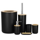 Set de accesorii rotunde pentru baie din plastic cu elemente bambus, 6 piese, negru Household NewTrend