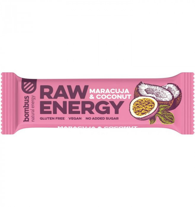 Baton Proteic cu Maracuja si Nuca de Cocos Raw Energy 50 grame Bombus