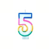 Cumpara ieftin Lumanare aniversara cifra 5 alba 4,8 cm, decor albastru, roz, galben, verde si portocaliu, parafina, fitil bumbac, suport pentru tort