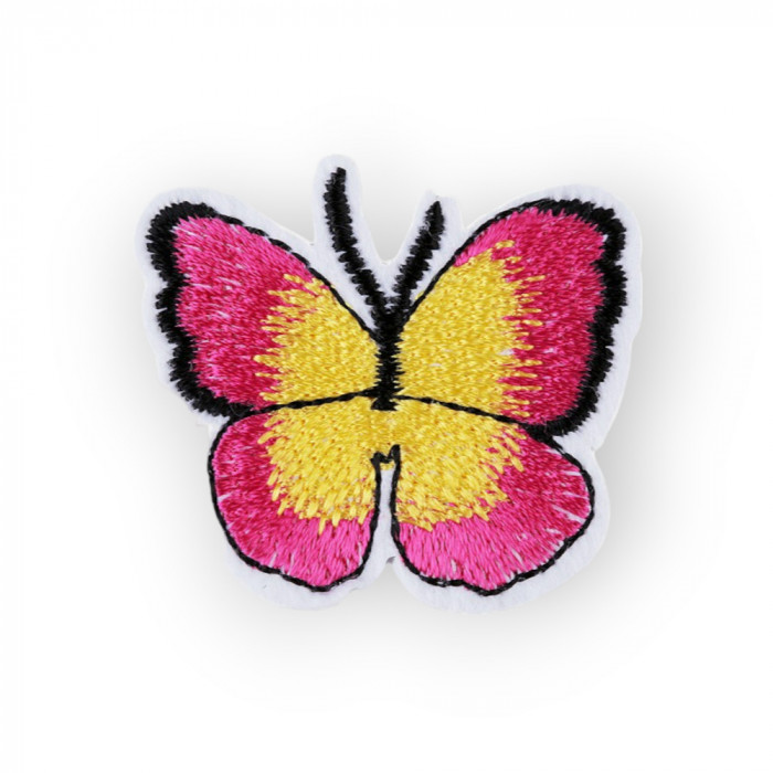 Aplicatie termoadeziva brodata, 36 x 40 mm, Fluture roz strident si galben
