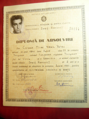 Diploma de Absolvire a Scolii Tehnice I.Ranghet Timisoara 1961 foto