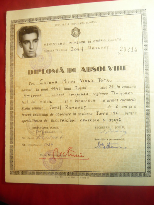 Diploma de Absolvire a Scolii Tehnice I.Ranghet Timisoara 1961