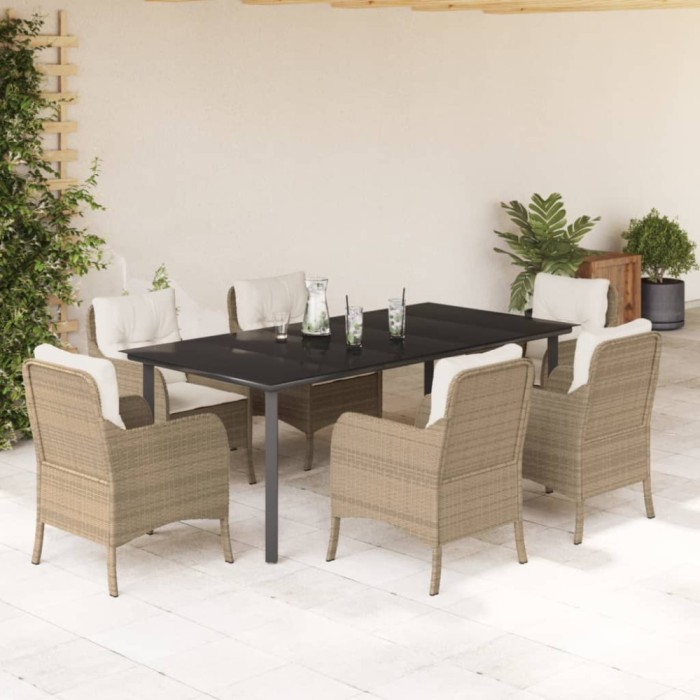 vidaXL Set de masă pentru grădină, 7 piese, cu perne, bej, poliratan