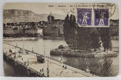 GENEVA , INSULA J.J. ROUSSEAU si PODUL MONT BLANC , CARTE POSTALA , 1909 foto